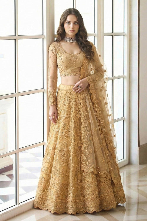 Beige Wedding Wear Embroidered Net Fabric Lehenga Choli