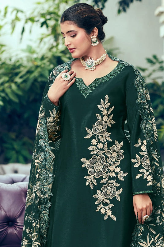 Incredible Chinon Fabric Green Color Embroidered Palazzo Suit