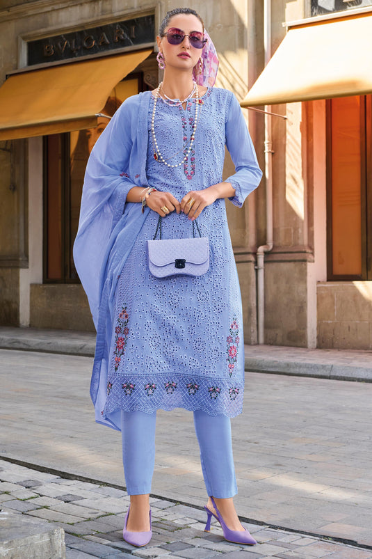 Cotton Fabric Blue Color Stylish Look Readymade Salwar Suit
