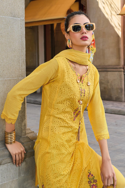 Cotton Fabric Yellow Color Beatific Look Readymade Salwar Suit