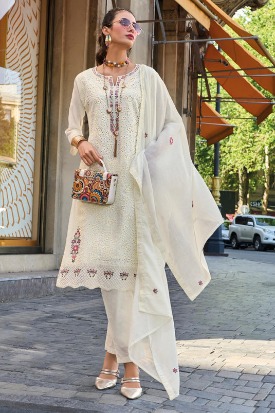 Fabulous Cotton Fabric White Color Readymade Salwar Suit