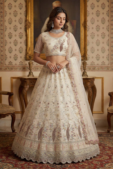 Net Embroidered Off White Wedding Wear Lehenga Choli