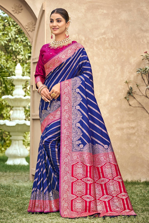 Weaving Work Art Silk Fabric Blue Festive Wear Saree