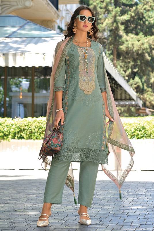 Cotton Fabric Sea Green Color Stylish Readymade Salwar Suit