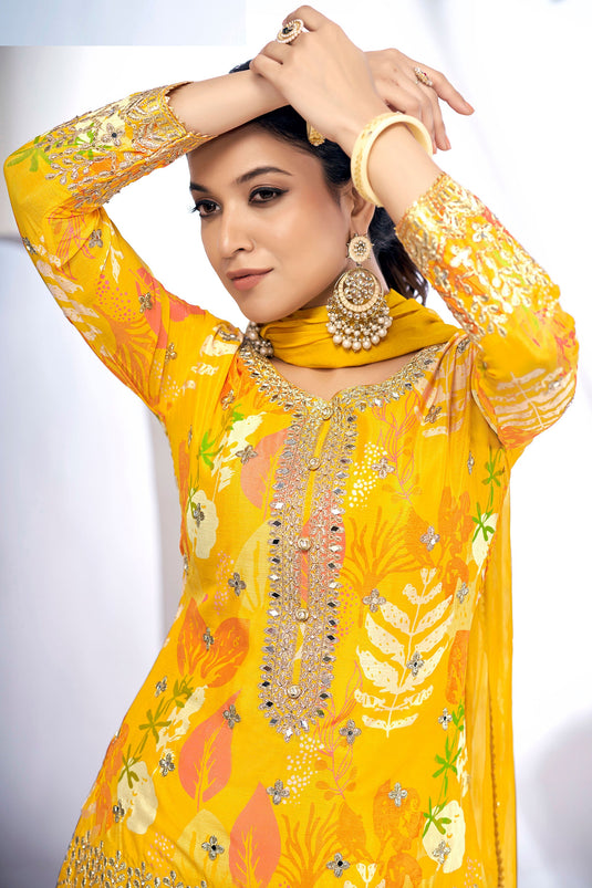 Radiant Printed Work On Yellow Color Chinon Fabric Sharara Suit