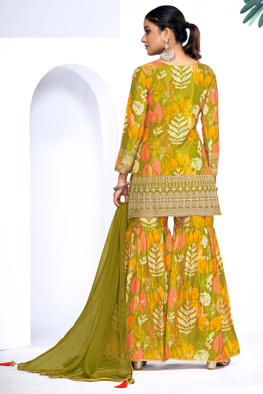 Green Color Printed Work On Chinon Fabric Beatific Sharara Suit