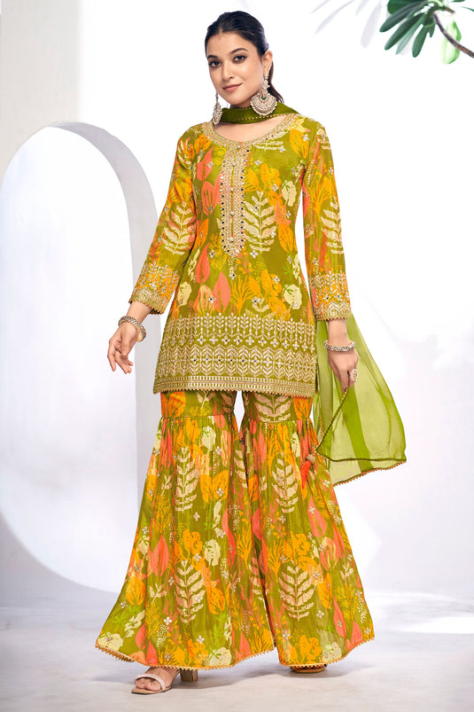 Green Color Printed Work On Chinon Fabric Beatific Sharara Suit