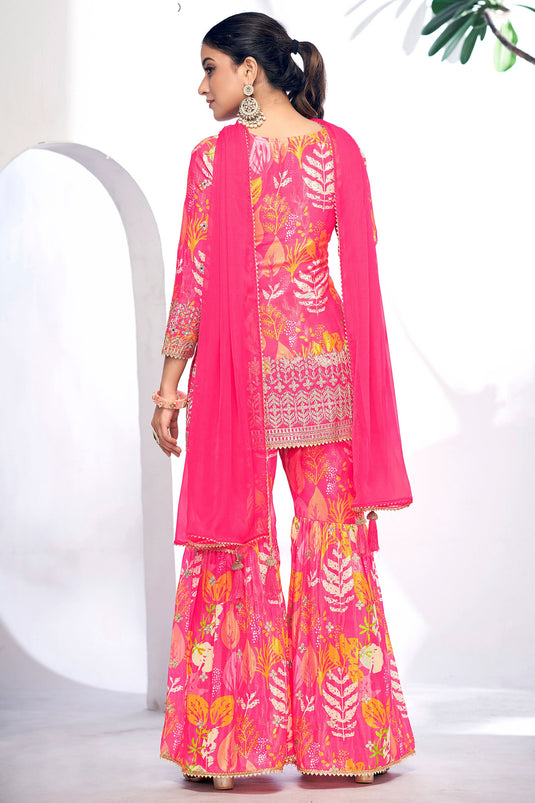 Beguiling Printed Work On Pink Color Chinon Fabric Sharara Suit