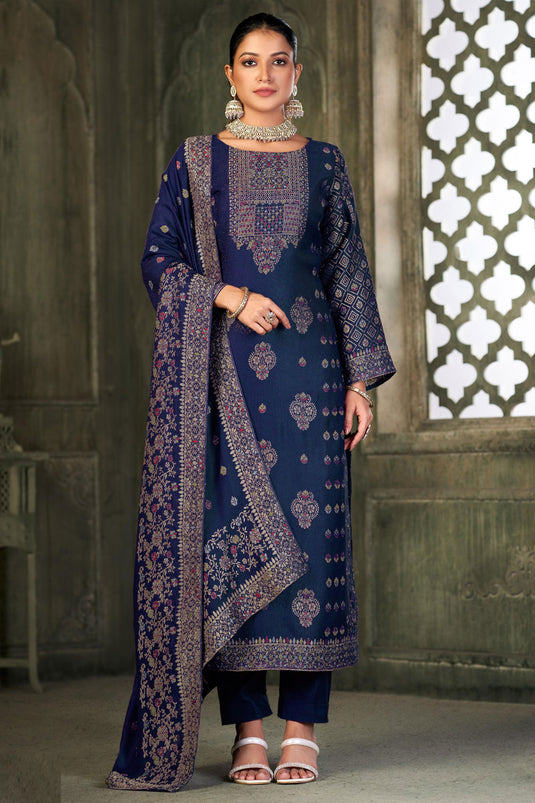 Pashmina Fabric Navy Blue Color Supreme Embroidered Salwar Suit