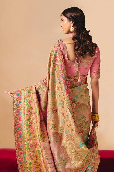 Pink Sangeet Wear Silk Fabric Weaving Work Saree