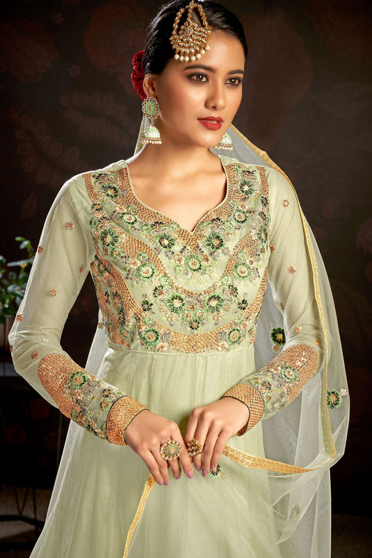 Glamorous Net Fabric Sea Green Color Embroidered Anarkali Suit