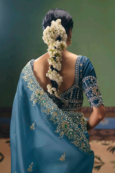 Embroidered Border Work Art Silk Cyan Saree For Function Wear