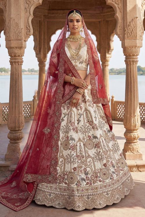 Heavy Embroidered White Silk Bridal Lehenga Choli