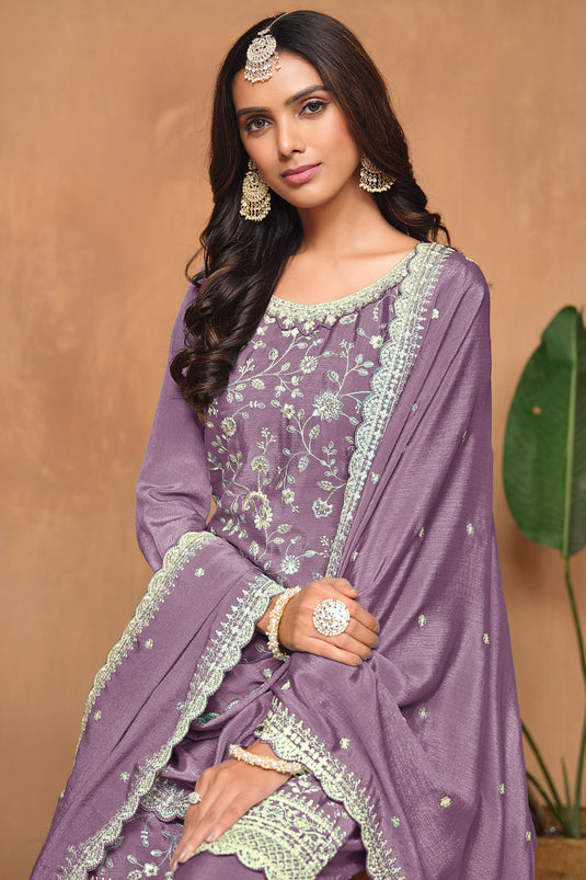 Lavender Color Chinon Fabric Function Special Classic Palazzo Suit