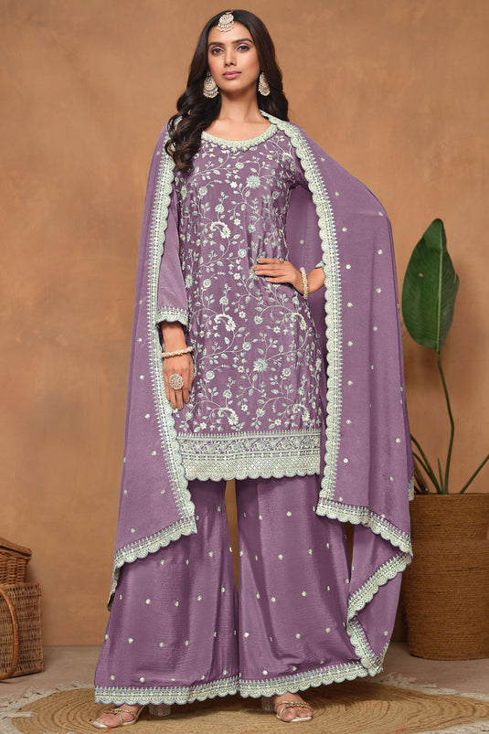 Lavender Color Chinon Fabric Function Special Classic Palazzo Suit