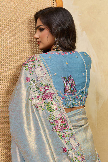 Art Silk Embroidered Saree In Sky Blue Color