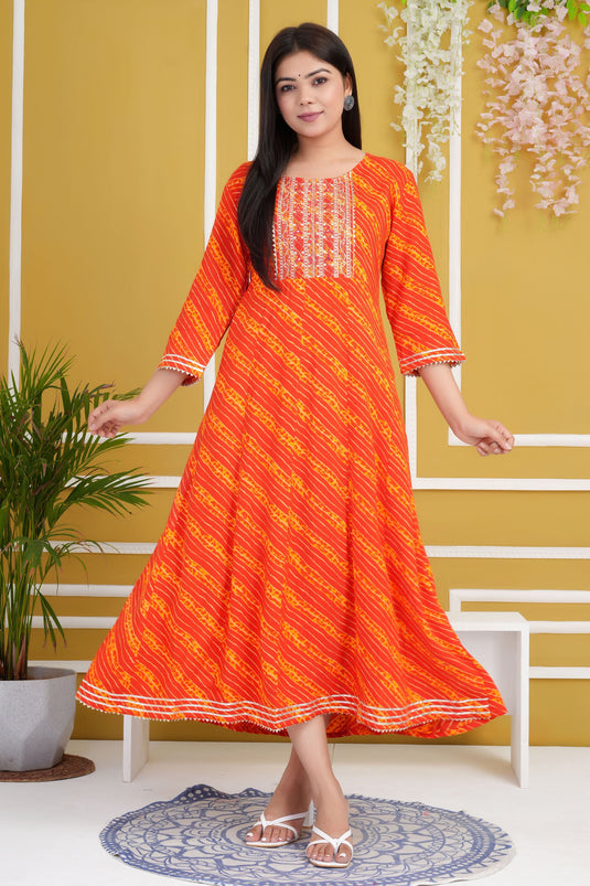 Trendy Cotton Rayon Fabric Orange Color Readymade Kurti