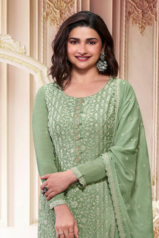 Prachi Desai Radiant Green Color Chinon Silk Salwar Suit