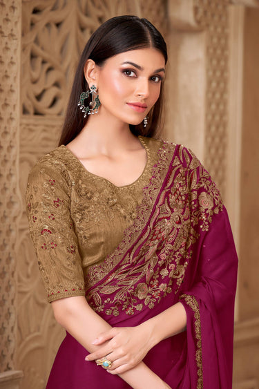 Art Silk Embroidered Maroon Saree For Party Wear