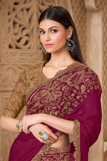 Art Silk Embroidered Maroon Saree For Party Wear