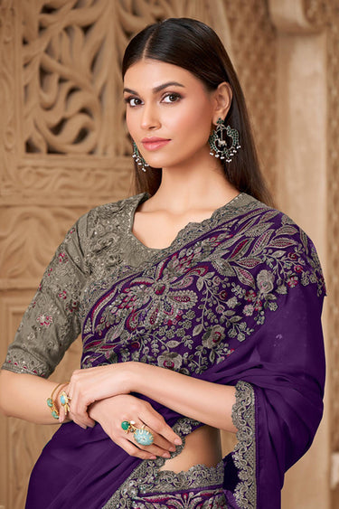 Embroidered Art Silk Fabric Purple Party Wear Saree