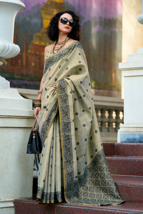 Tissue Fabric Cream Saree For Casual Wear