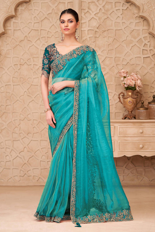 Sky Blue Embroidered Georgette Silk Party Wear Saree