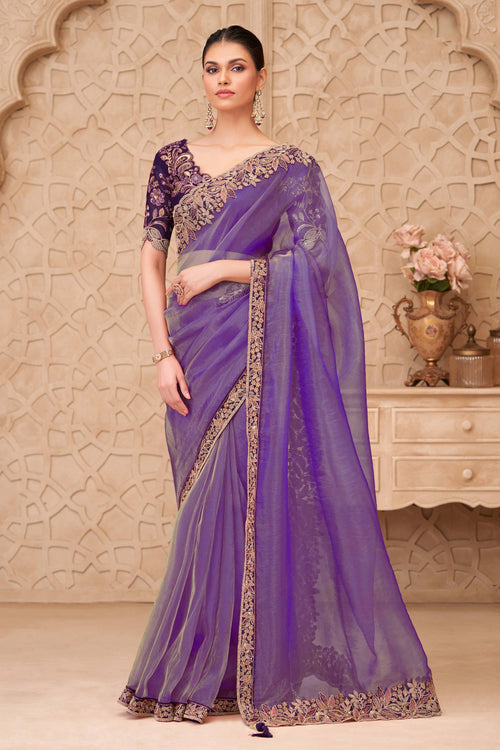 Embroidered Georgette Silk Purple Saree For Party Wear