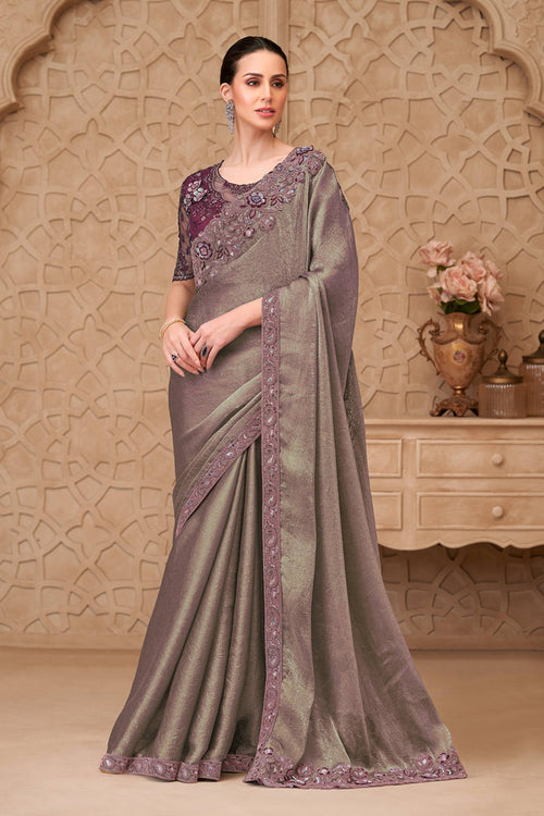 Georgette Satin Embroidered Brown Festive Wear Saree