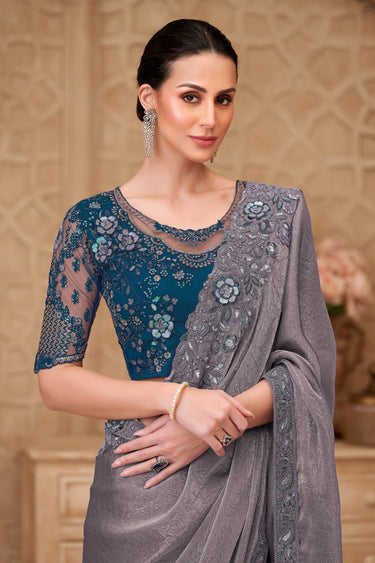 Embroidered Georgette Satin Grey Saree For Festive Wear