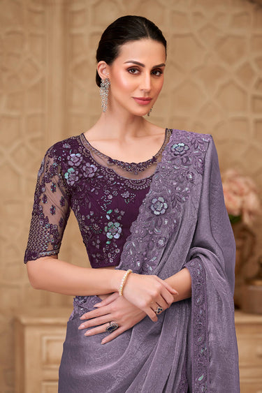 Embroidered Georgette Satin Purple Saree For Festive Wear