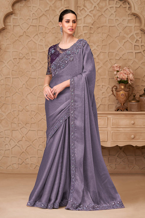 Embroidered Georgette Satin Purple Saree For Festive Wear