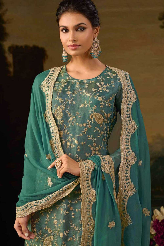 Art Silk Fabric Green Color Elegant Festive Salwar Suit