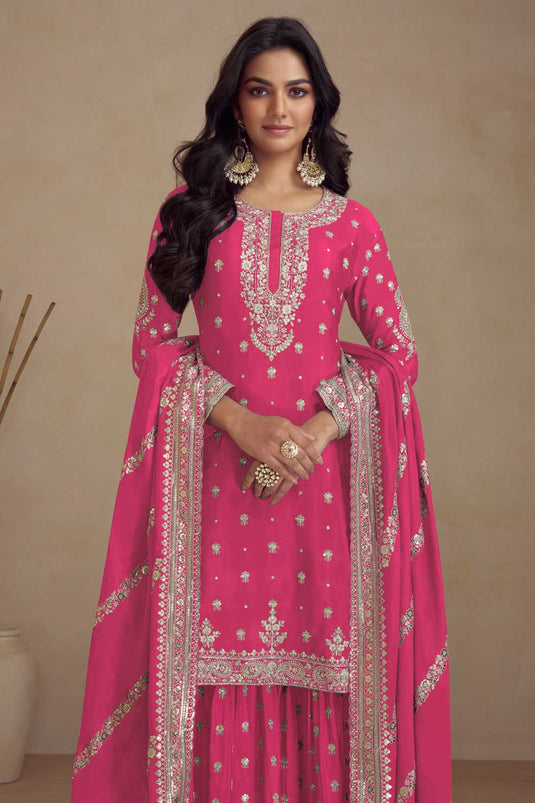 Classic Pink Color Palazzo Suit In Art Silk Fabric