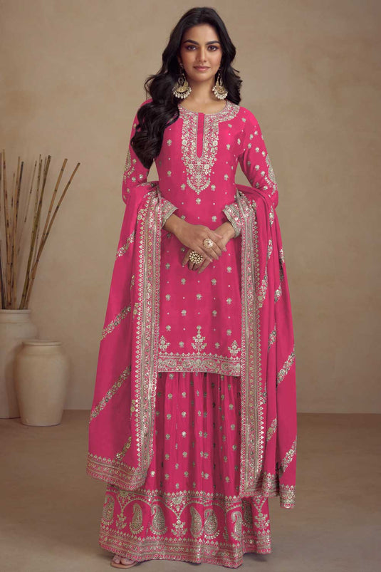 Classic Pink Color Palazzo Suit In Art Silk Fabric