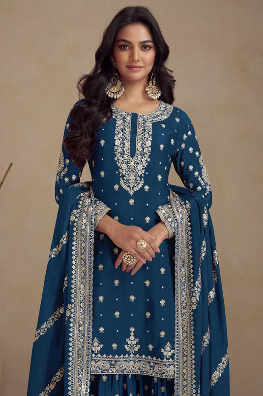 Art Silk Fabric Blue Color Beautiful Palazzo Suit