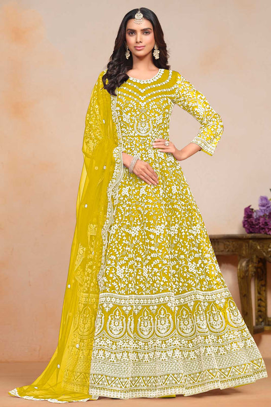 Incredible Net Fabric Yellow Color Embroidered Anarkali Suit