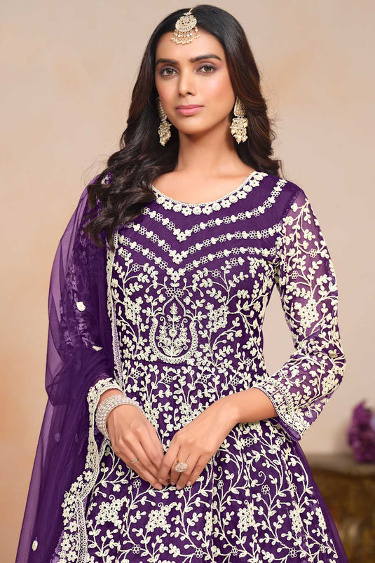 Tempting Net Fabric Purple Color Embroidered Anarkali Suit