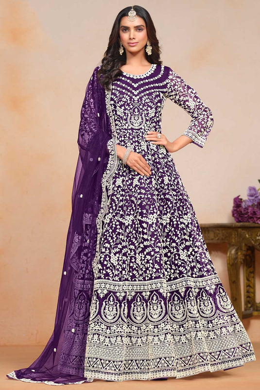 Tempting Net Fabric Purple Color Embroidered Anarkali Suit