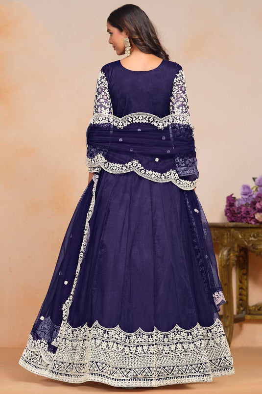 Engaging Navy Blue Color Net Fabric Embroidered Anarkali Suit