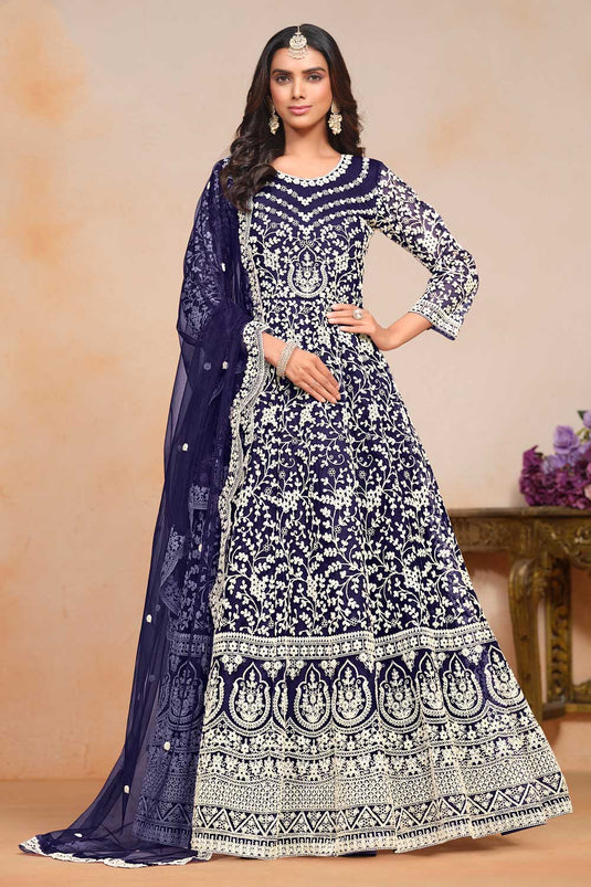 Engaging Navy Blue Color Net Fabric Embroidered Anarkali Suit