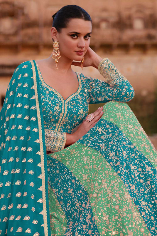 Cyan Color Readymade Georgette Anarkali Suit For Function