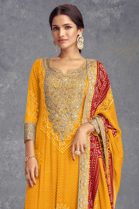 Yellow Color Alluring Printed Chinon Palazzo Suit