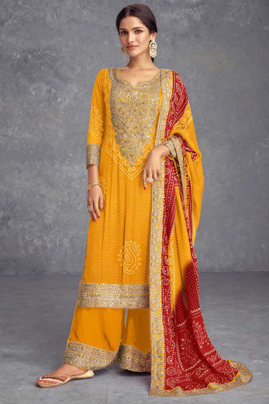 Yellow Color Alluring Printed Chinon Palazzo Suit