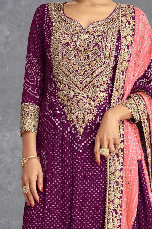 Lovely Chinon Printed Palazzo Suit In Wine Color