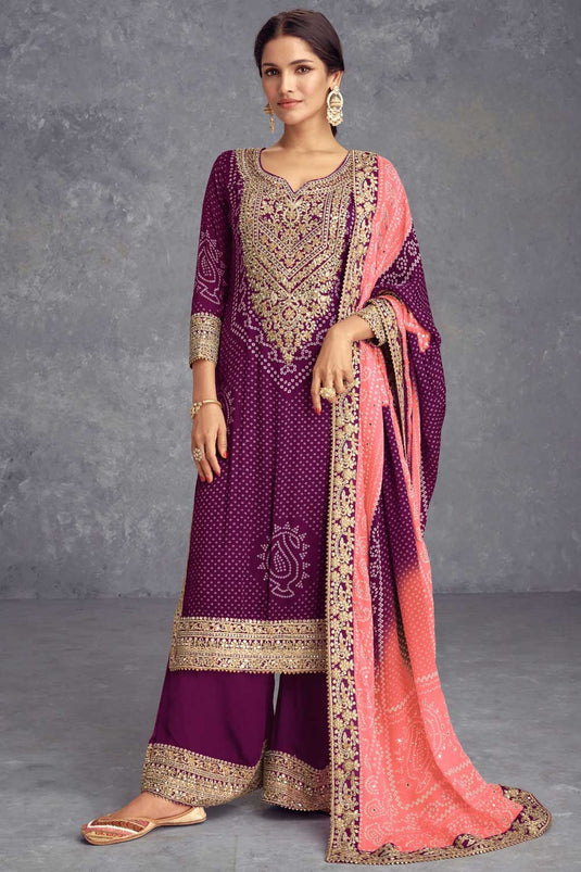 Lovely Chinon Printed Palazzo Suit In Wine Color