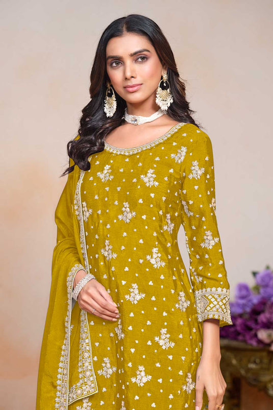 Tempting Chinon Mustard Color Festive Style Palazzo Suit