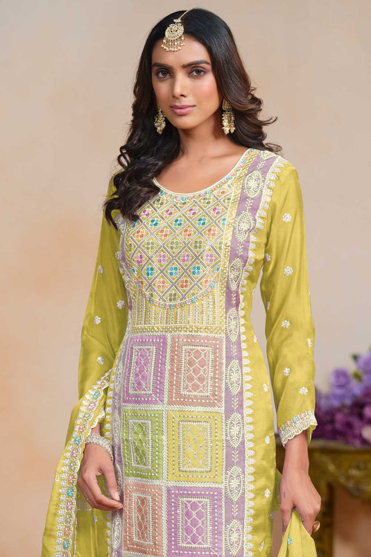 Yellow Color Glittering Organza Fabric Salwar Suit