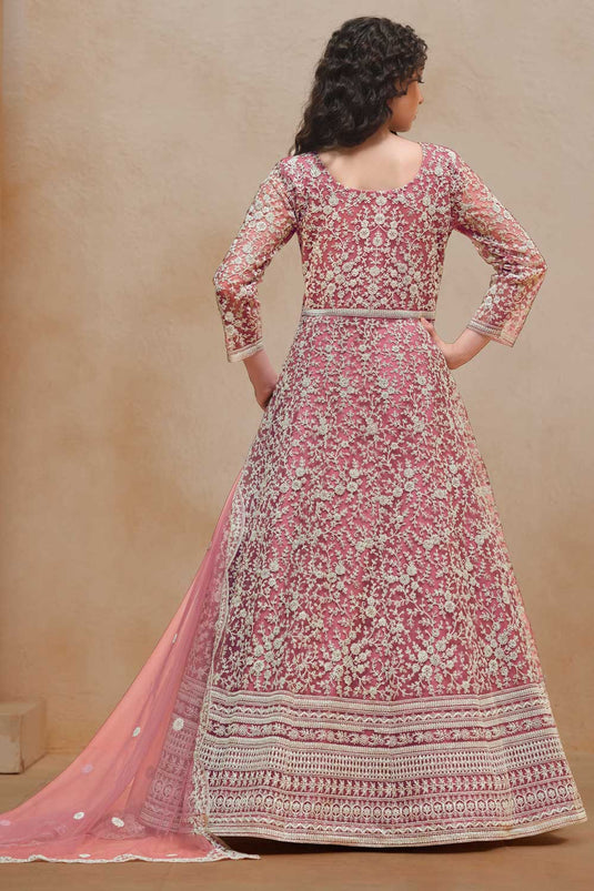 Incredible Net Fabric Pink Color Function Style Anarkali Suit