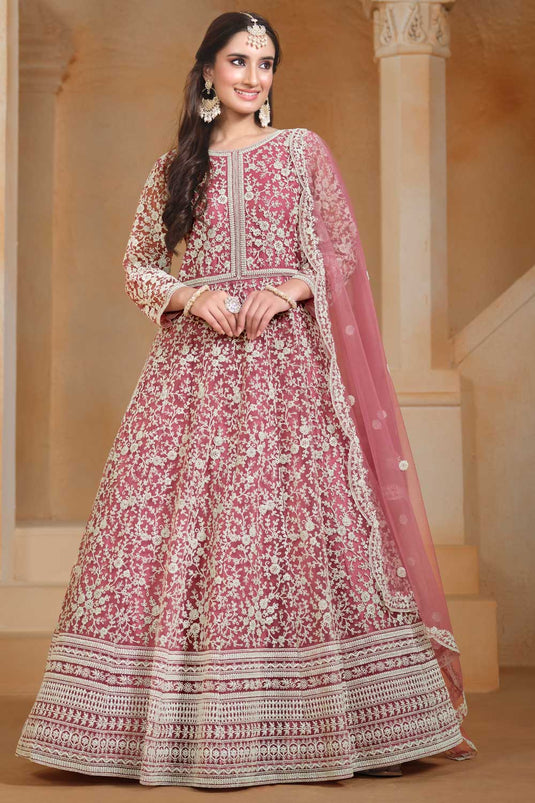 Incredible Net Fabric Pink Color Function Style Anarkali Suit